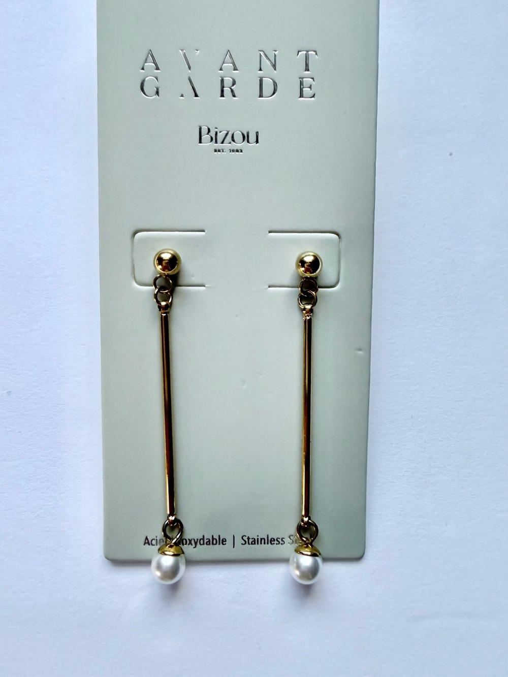 NWT Avant Garde Bizou Pearl Drop Bar Earrings Gold Tone NWT